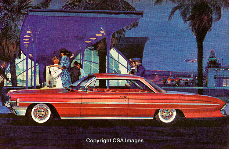 Retro Styled Red Car Parked Near Mid-Century Modern Airport Terminal at Dusk