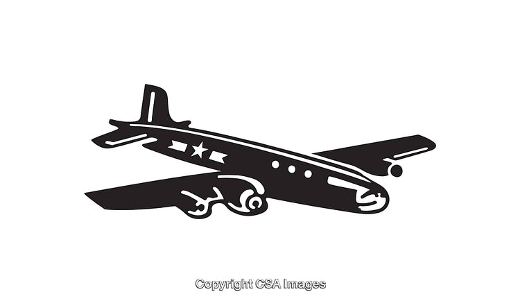 Black and White Line Art Illustration of a Vintage Airplane Flying