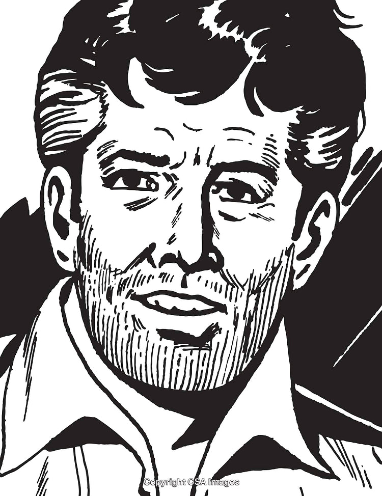 Black and White Illustration of a Man with Thoughtful Expression