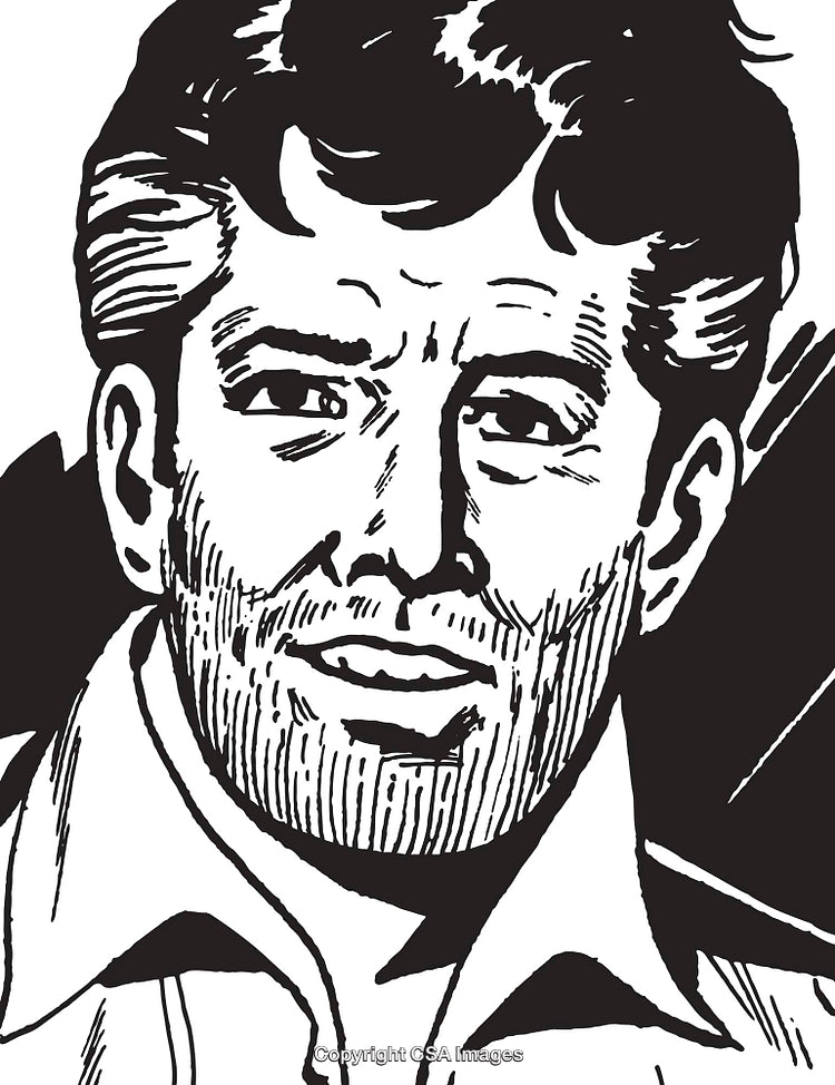 Black and White Illustration of a Man with Thoughtful Expression