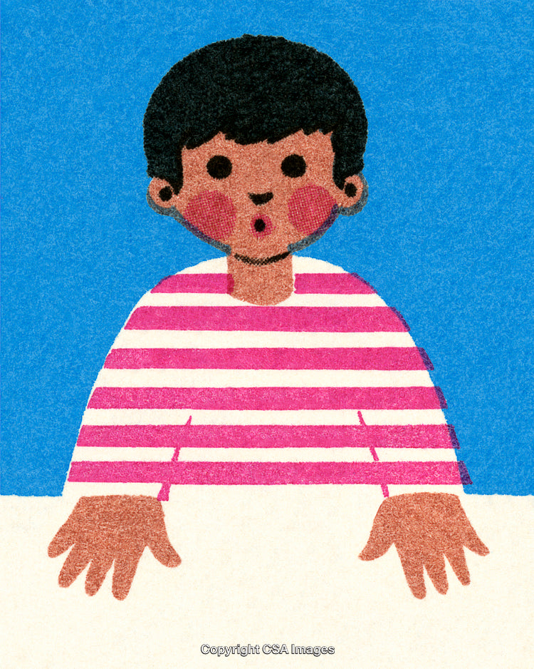 Illustration of a Surprised Child with Rosy Cheeks in a Striped Shirt