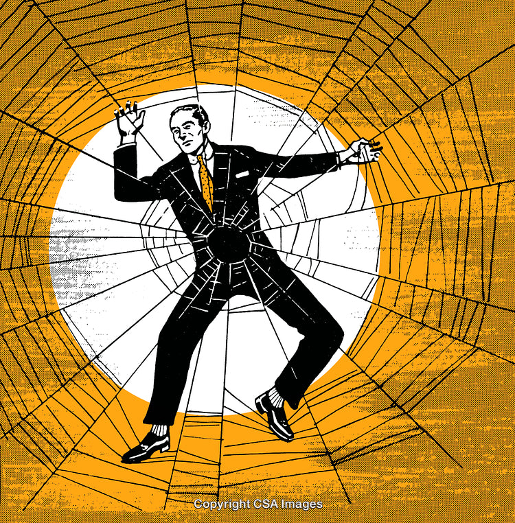Businessman Trapped in a Metaphorical Web Highlighting Challenges and Obstacles