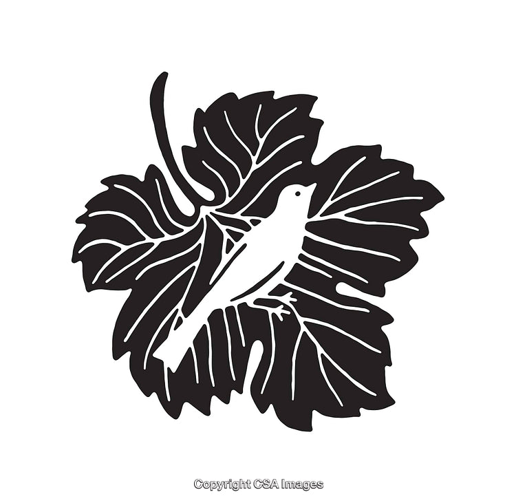 Black and White Line Art Illustration of Bird on Leaf Design