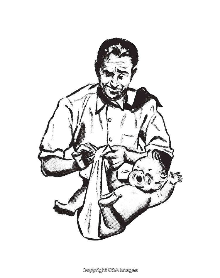 Vintage Illustration of Father Changing Baby's Diaper in Black and White