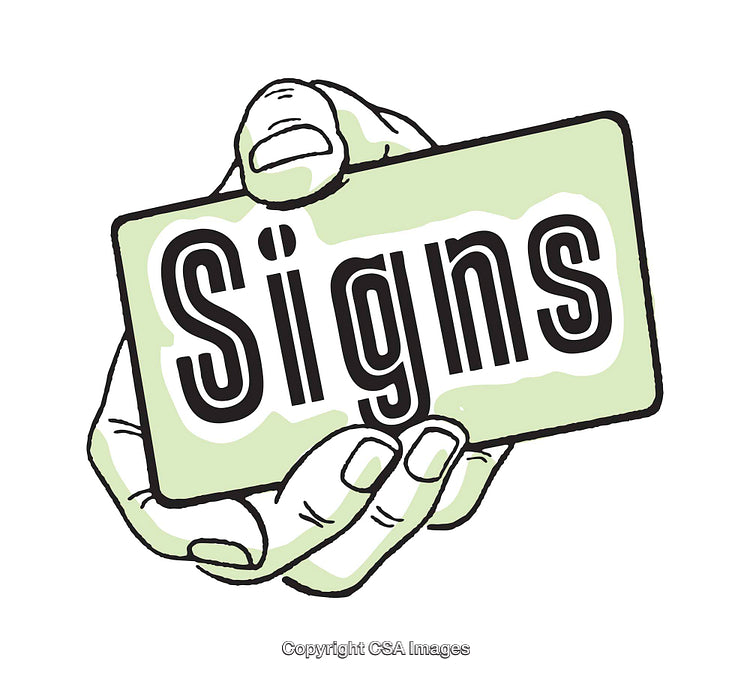 Illustrated Hand Holding a Card With the Word 'Signs' Displayed