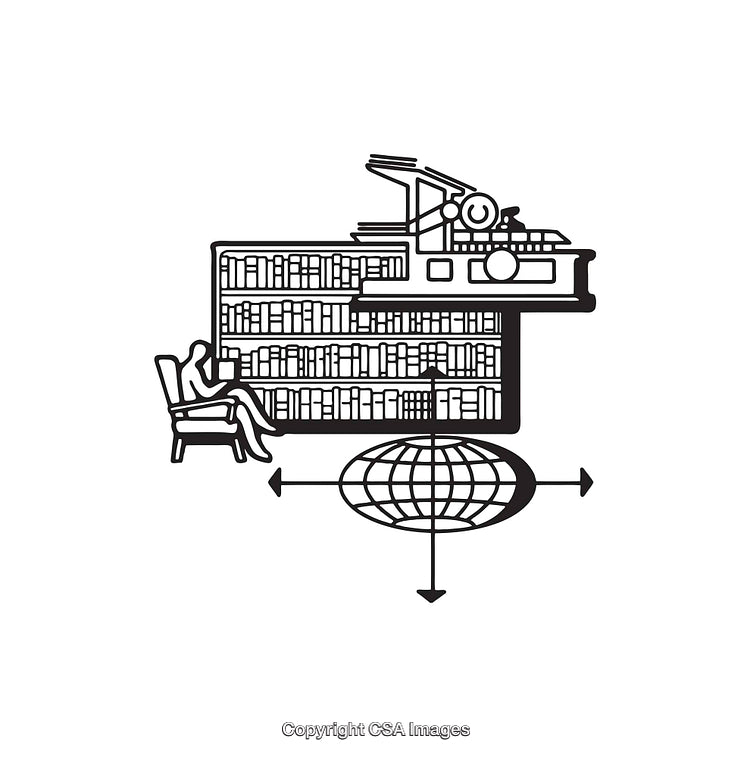 Black and White Icon Representing Knowledge With Books and Symbols Depicted
