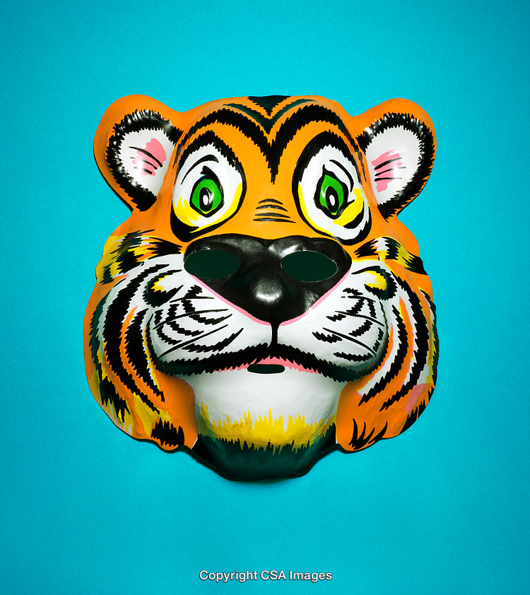 Colorful Tiger Mask on Aqua Background Showcasing Its Vibrant Details
