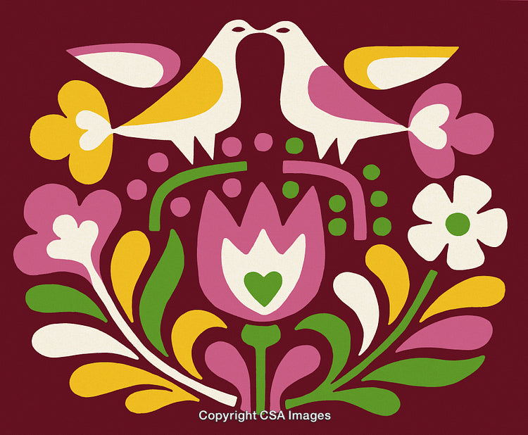 Romantic Folk Art Illustration With Birds, Flowers, and Vibrant Colors