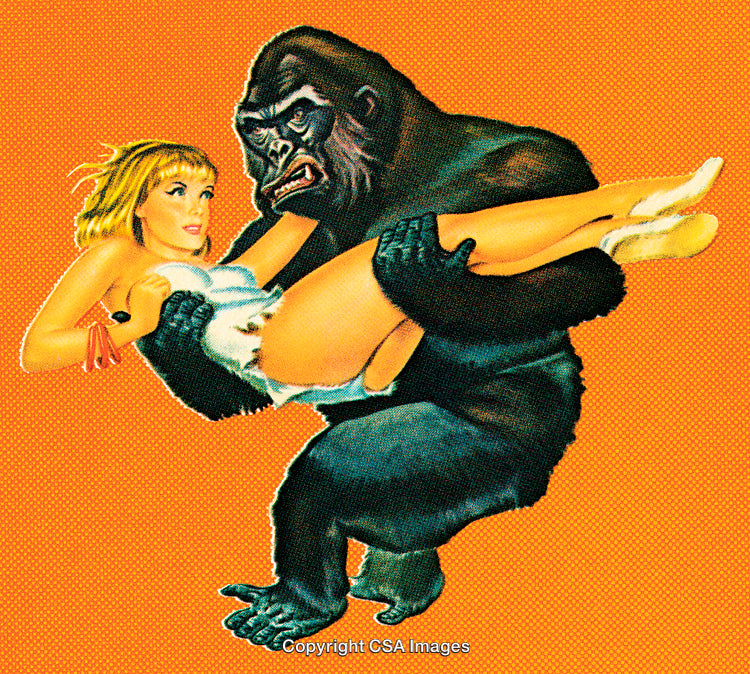 Retro Illustration of Gorilla Holding a Woman on Vibrant Orange Background