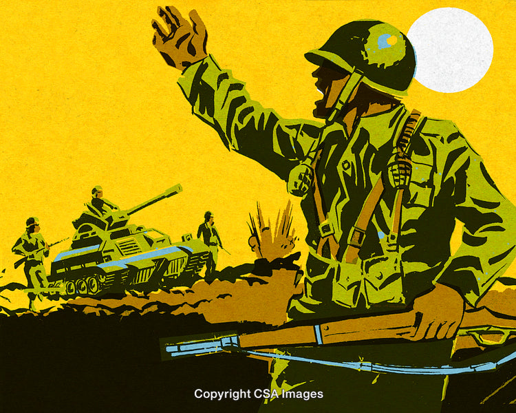 Retro Military Poster Depicting Soldiers and a Tank on a Battlefield