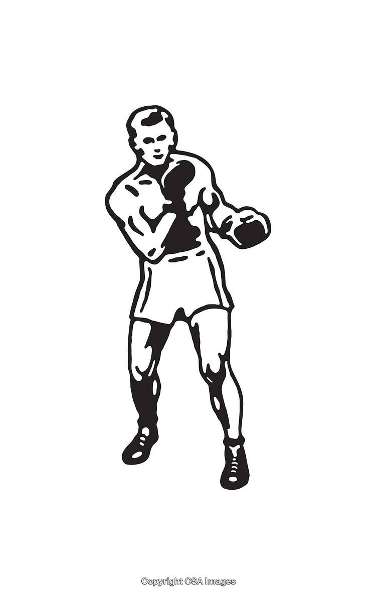 Classic Boxer Illustration Displaying a Fighting Pose in Black and White Line Art