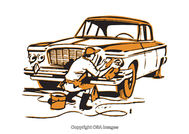 Man Polishing a Classic Car in Vintage Illustration Style