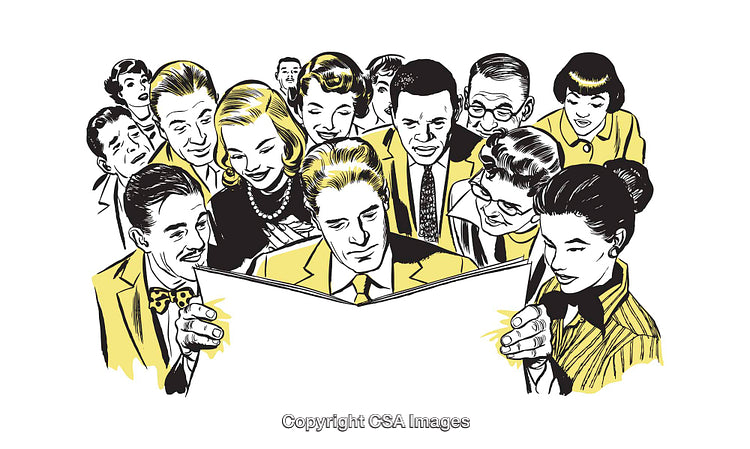 Group of People Gathering and Sharing Lively Printed Media in Retro Style
