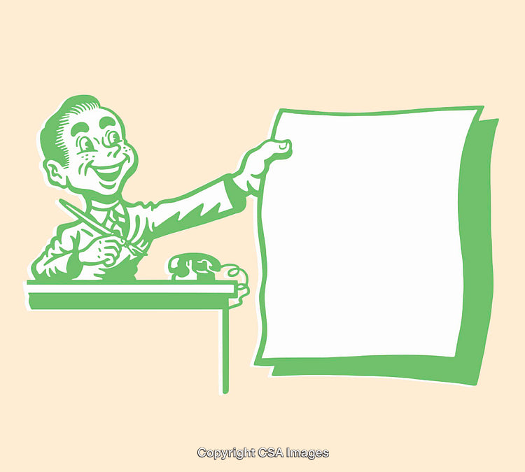 Retro Business Illustration of a Happy Man Holding a Large Blank Paper