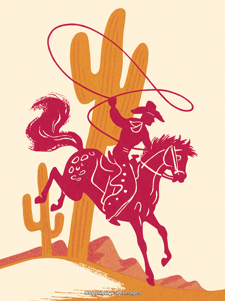 Illustration of a Cowboy Lassoing on a Rearing Horse in Desert Setting
