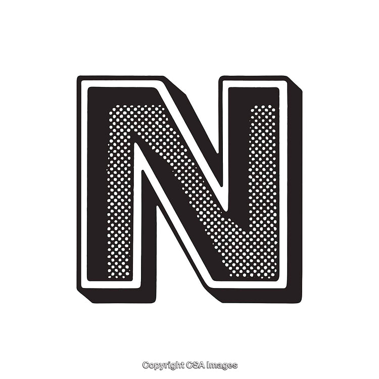 Stylized Letter N with Halftone Textured Design and Bold Outline