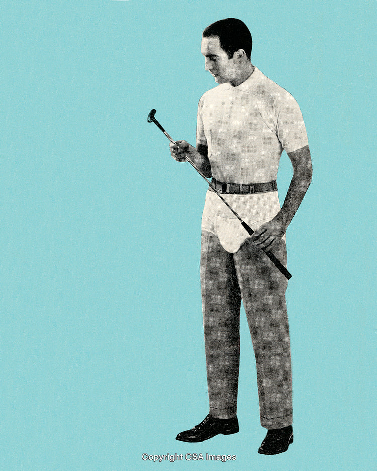 Stylized Retro Photo of a Person With Golf Equipment on Blue Background