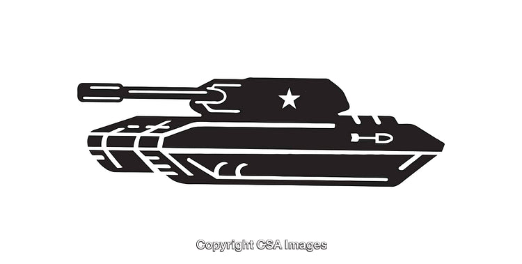 Black and White Line Art Illustration of a Military Tank