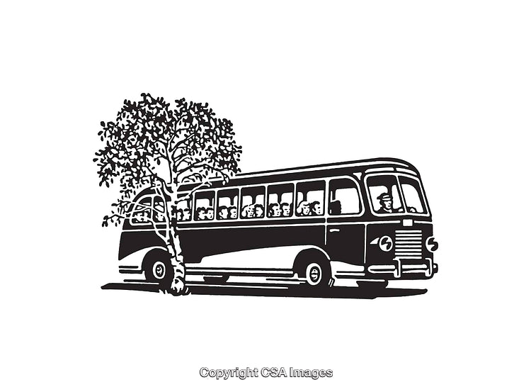 Retro Bus Illustration with Passengers and Tree in Line Art