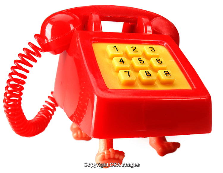 Bright Red Plastic Toy Phone with Human-Like Features and Quirky Design