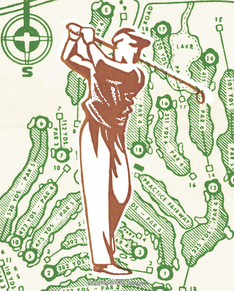 Illustration of Vintage Golfer with Swing Over Course Layout Map