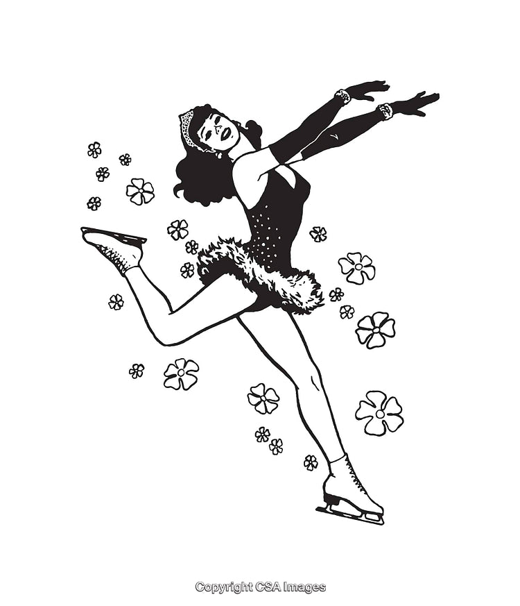 Figure Skater in Elegant Pose Surrounded by Floral Elements Line Art