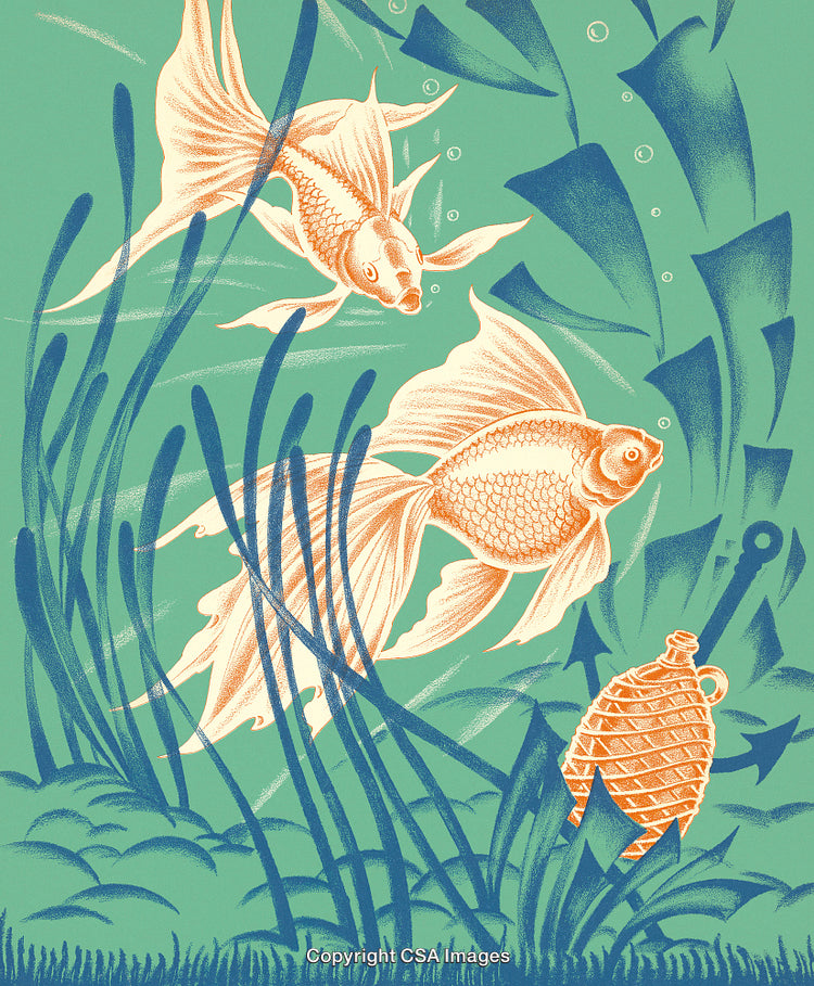 Colorful Underwater Scene With Goldfish and Decorative Vintage Pot