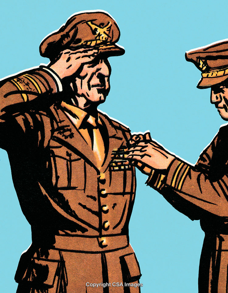 Vintage Military Uniform Officers Saluting and Honoring in Comic Style