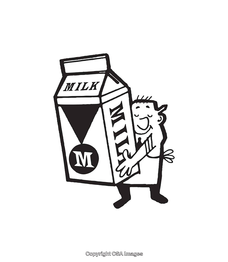 Whimsical Black and White Illustration Featuring a Cartoon Character Hugging a Milk Carton