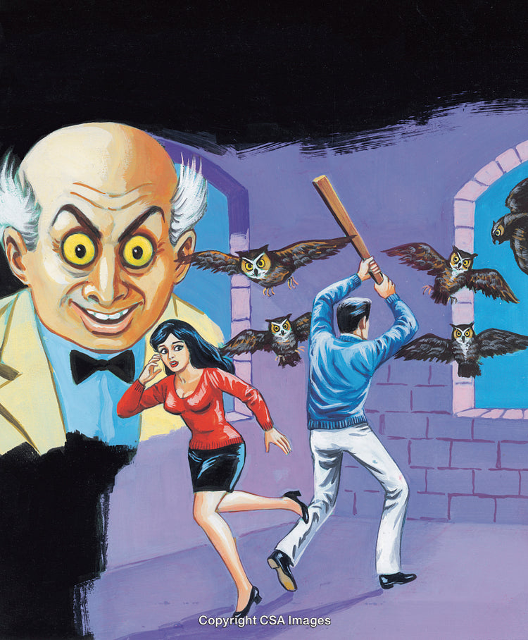 Surreal Illustration of Menacing Character and People Confronting Flying Owls