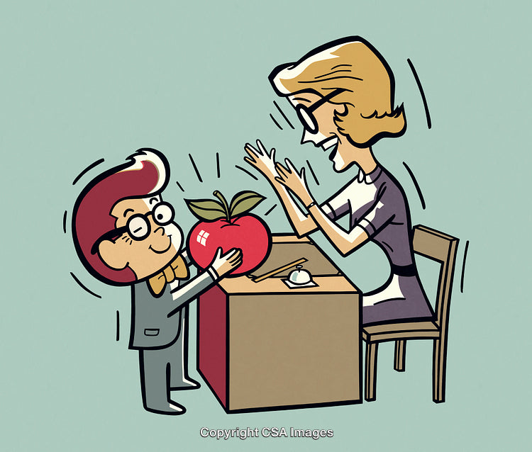 Cartoon Illustration of Student Giving Teacher an Apple as Appreciation