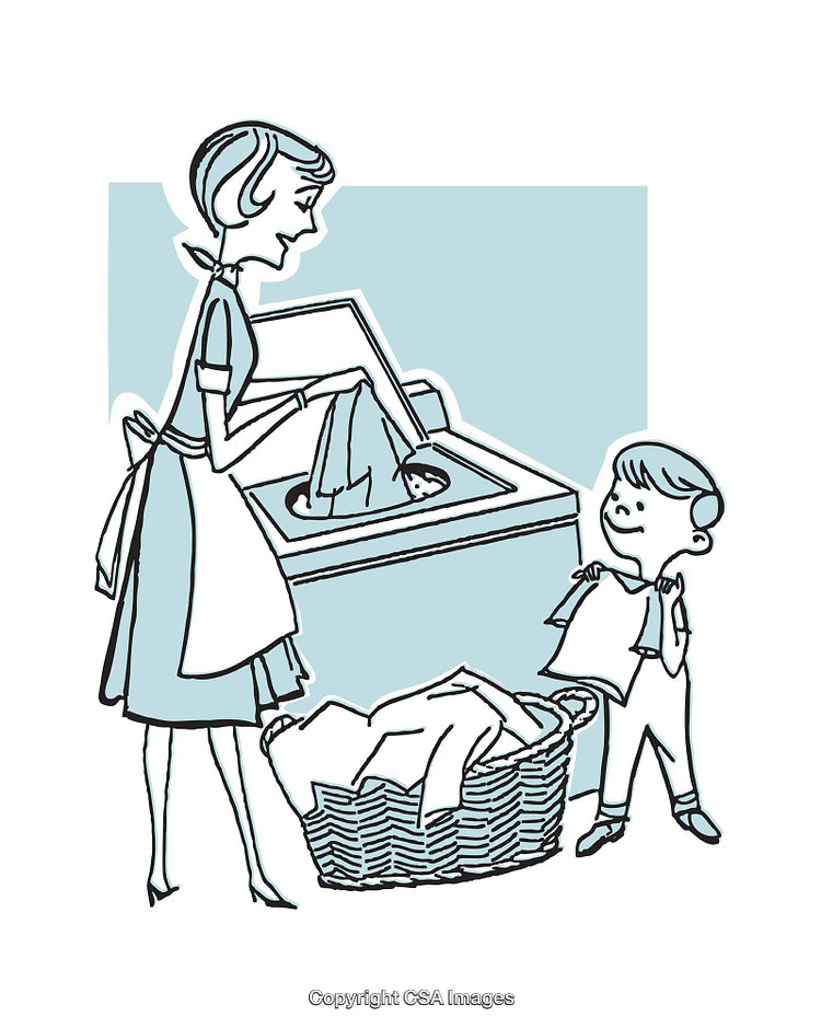Retro Style Illustration of Mother and Child Doing Laundry Together