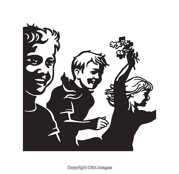 Black and White Line Art of Happy Children Playing Together Outdoors