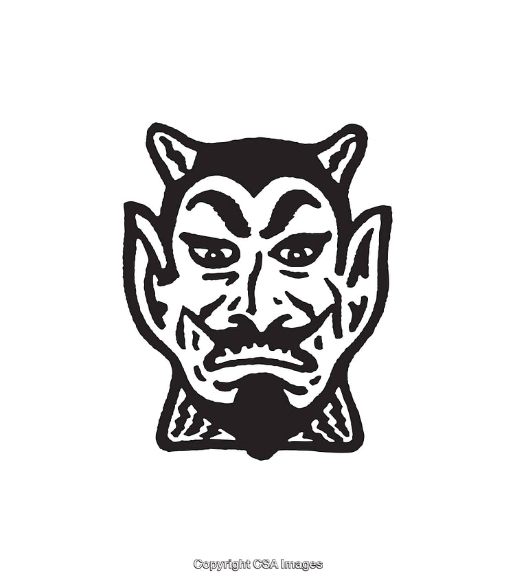 Black and White Illustration of a Demon Face with Graphic Stylization