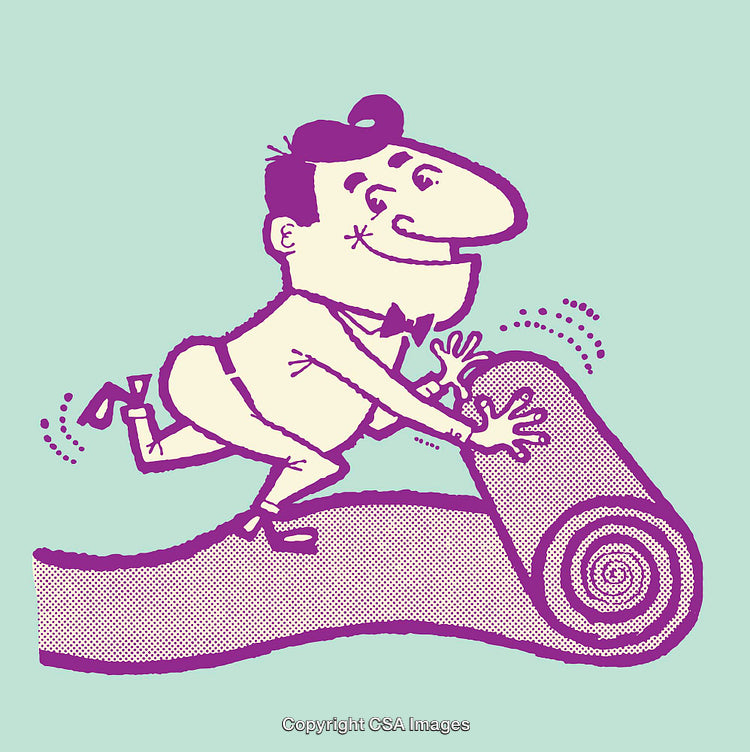 Humorous Character Rolling Out Carpet on Vibrant Background