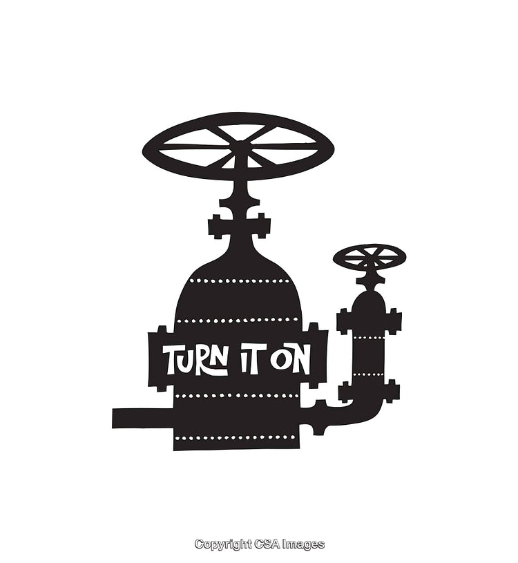 Black and White Line Art of Industrial Valve With Text 'Turn It On'