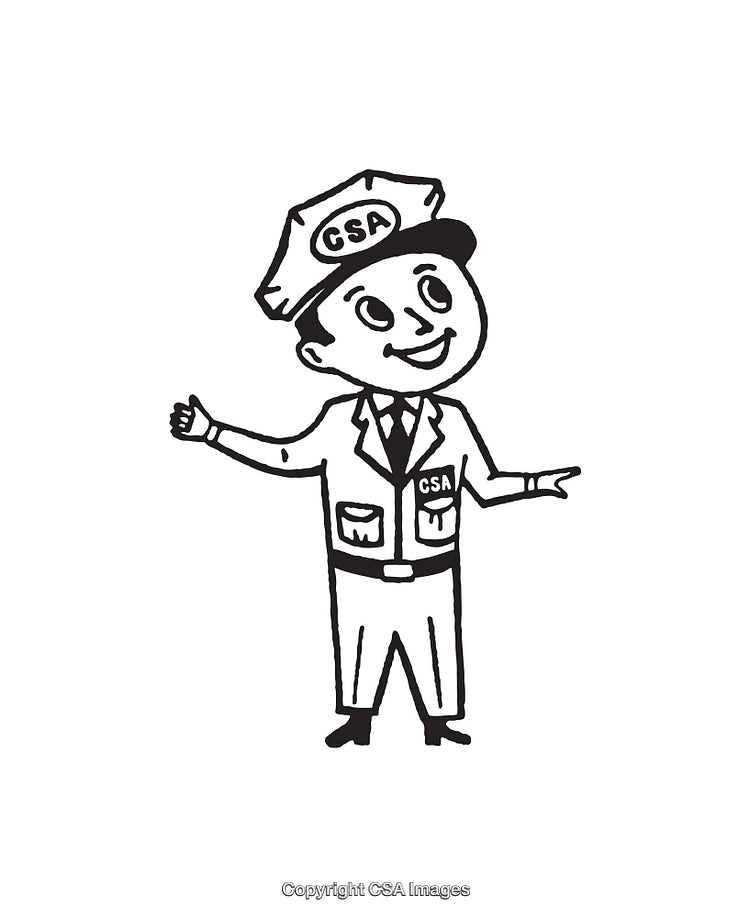 Black and White Line Art of a Smiling Cartoon Character in Uniform