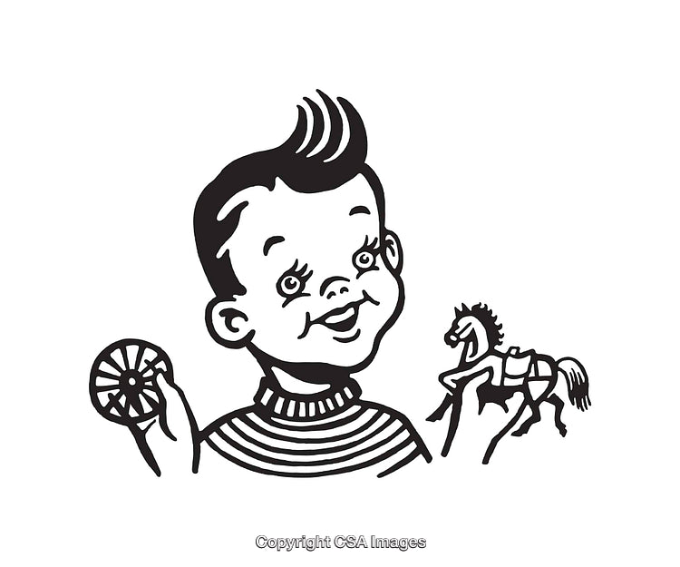 Vintage Line Art Of Child Holding Wheel And Horse Toys