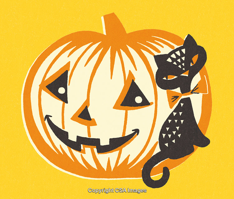 Retro Halloween Illustration Featuring Smiling Pumpkin and Black Cat on Yellow Background