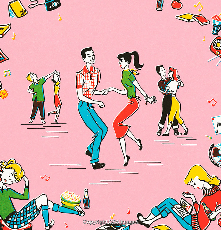 Retro Style Illustration of Dancing and Relaxing Individuals on Pink Background