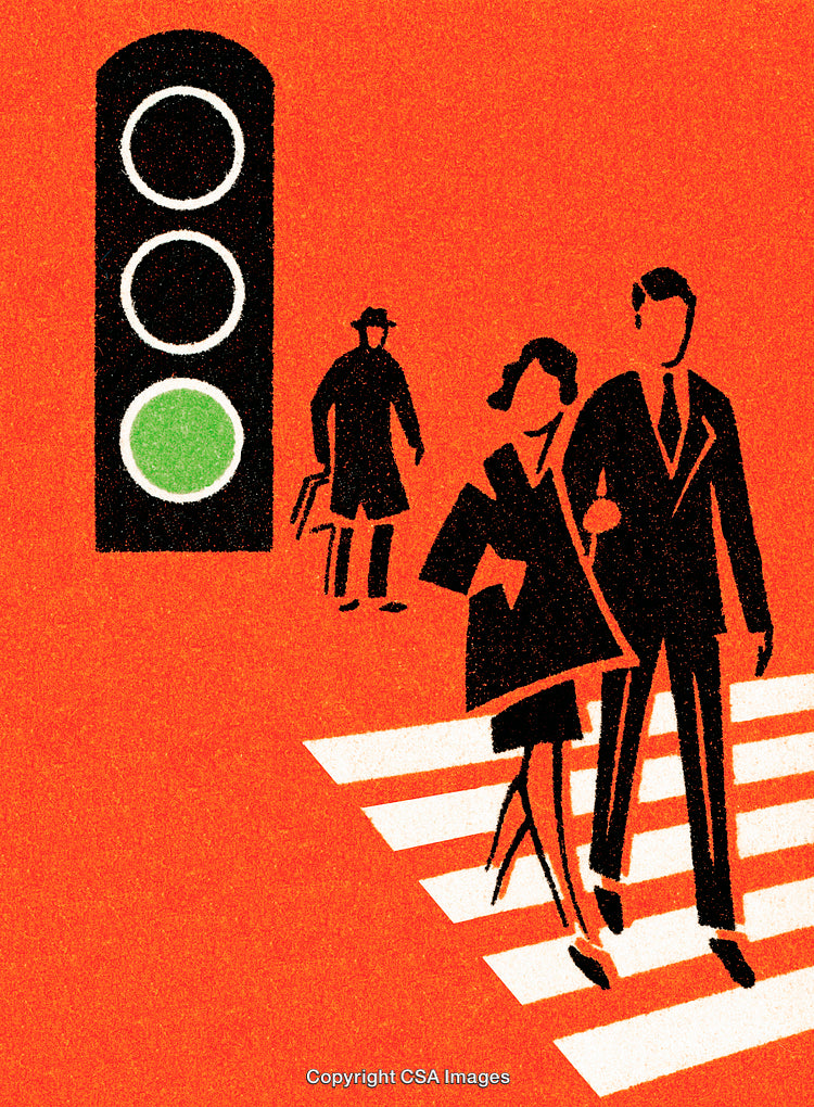 Stylized Illustration of Pedestrians Crossing With Green Traffic Light