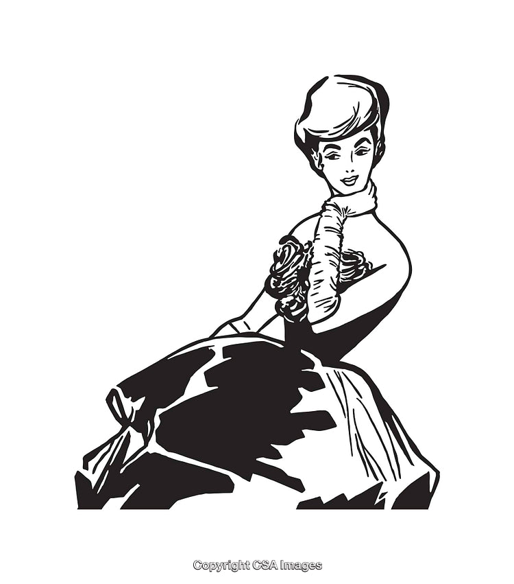 Elegant Lady in Vintage Dress Black and White Line Art