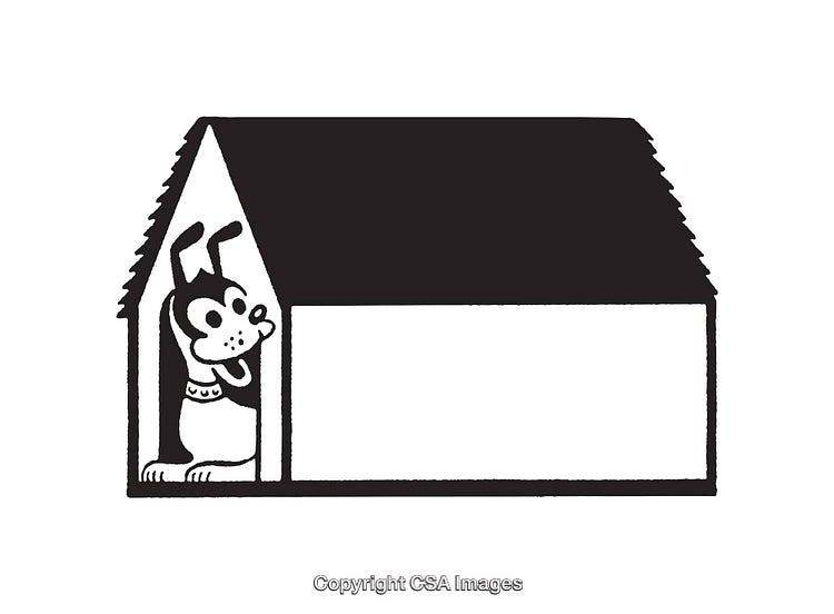 Black and White Illustration of a Dog in a Doghouse