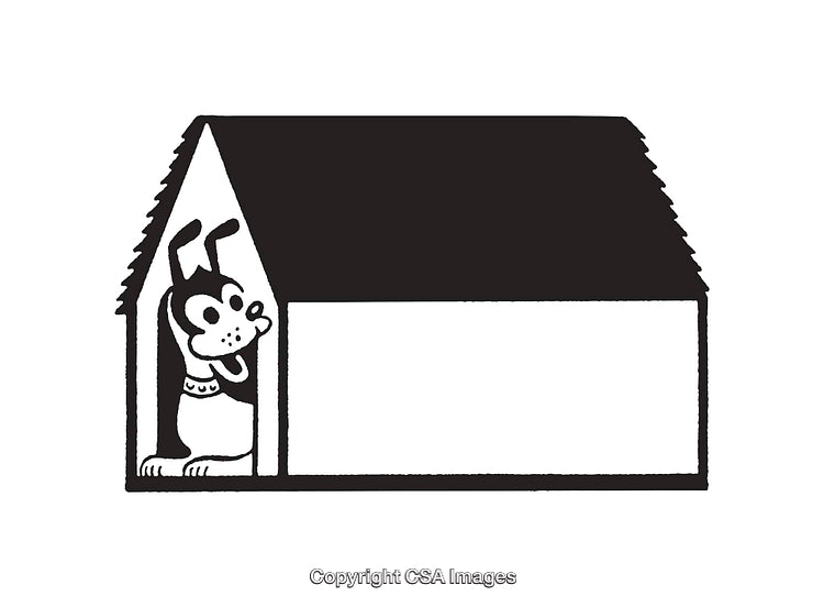 Black and White Illustration of a Dog in a Doghouse