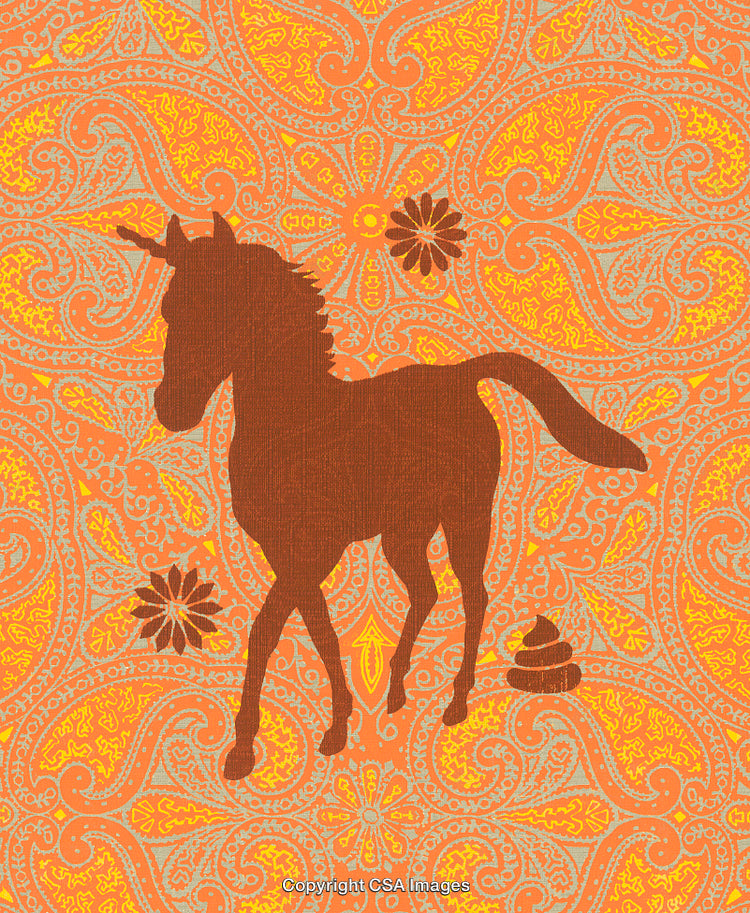 Silhouette of a Unicorn on a Vibrant Retro Paisley Background