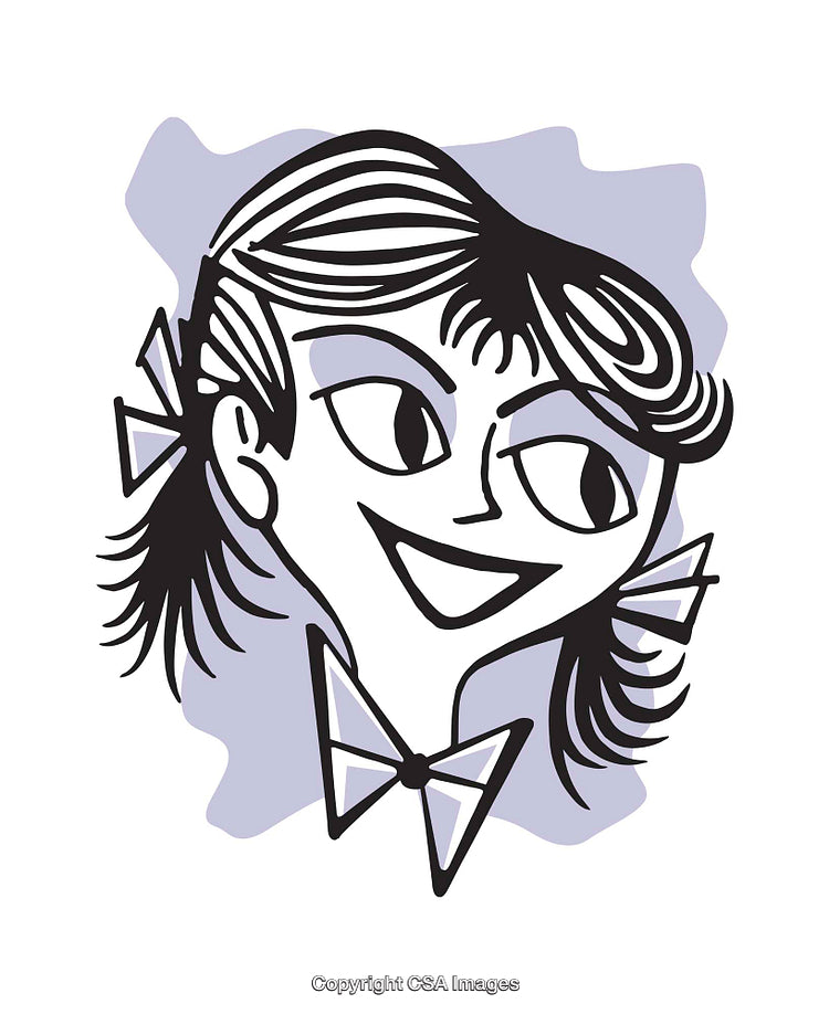 Retro-Style Illustrated Portrait of a Smiling Individual with Bow Accents