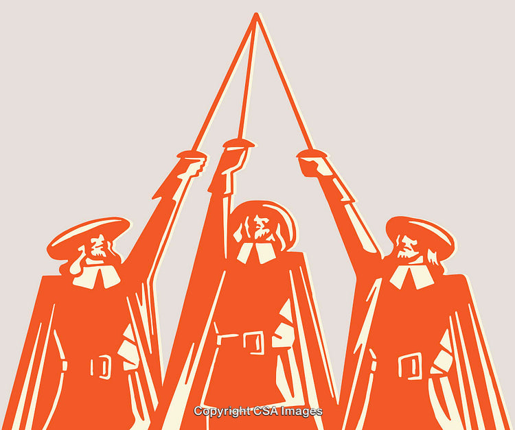 Three Musketeers Raising Swords in Unity and Solidarity Art Illustration