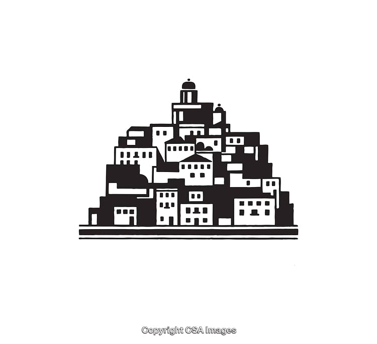 Simple Black and White Icon Depicting a Clustered Hilltop Village