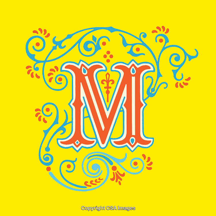 Ornate Floral Design Featuring the Letter M on a Yellow Background
