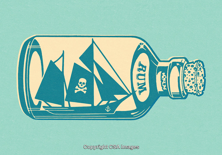 Illustration of Pirate Ship Inside a Rum Bottle with Nautical Theme